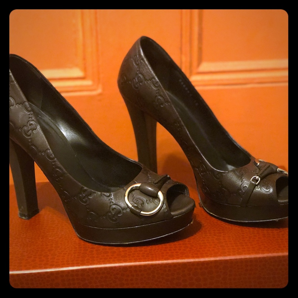 Gucci Cognac Peep Toe Pumps